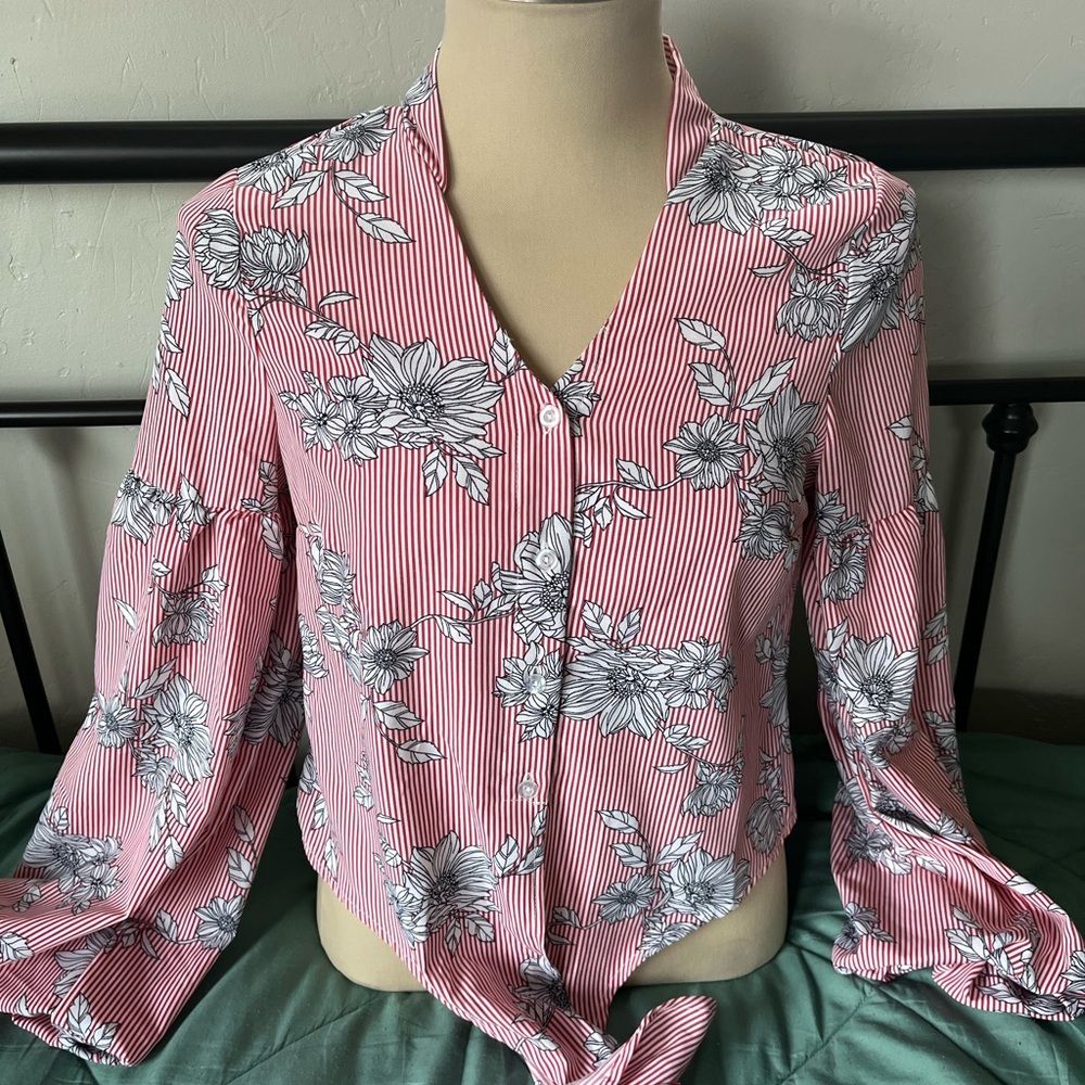 Haute Project -Floral Striped Women's Top - Red and White